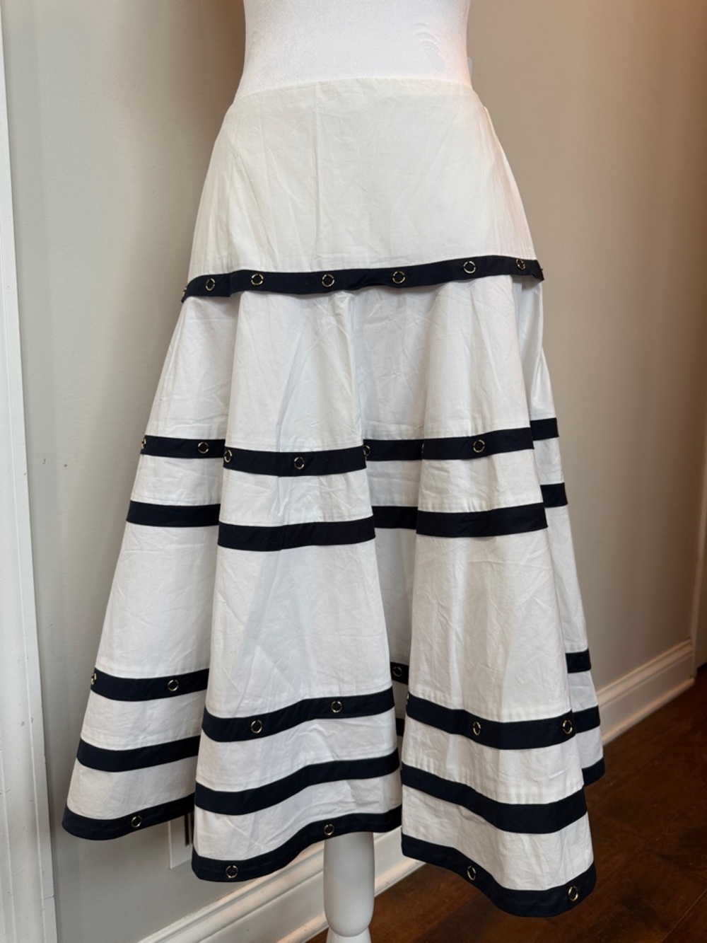 Cache White A-Line Midi Skirt with Navy Blue Stripes & Grommet Trim